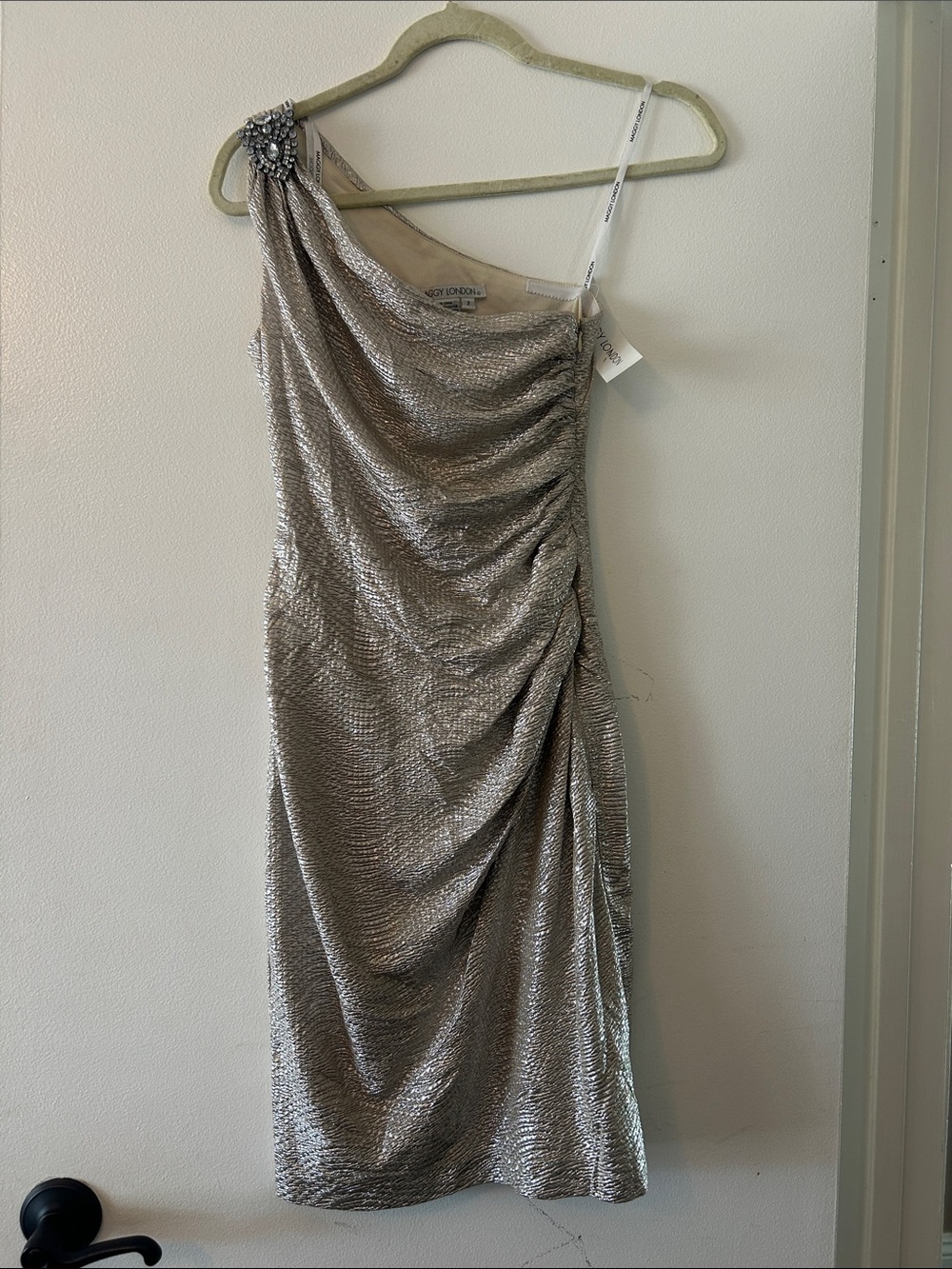 Maggy London One-Shoulder Silver Metallic Dress with Jeweled Shoulder